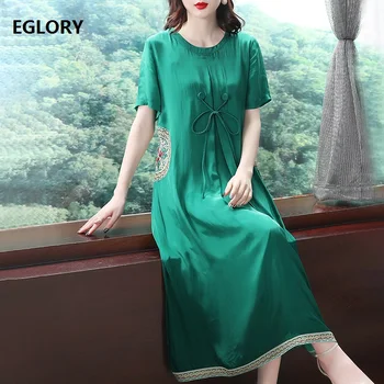 

Top Quality Dress New 2019 Spring Summer Plus Size Dress Women O-Neck Bow Tie Elegant Short Sleeve Green Brown Dress XXL Size