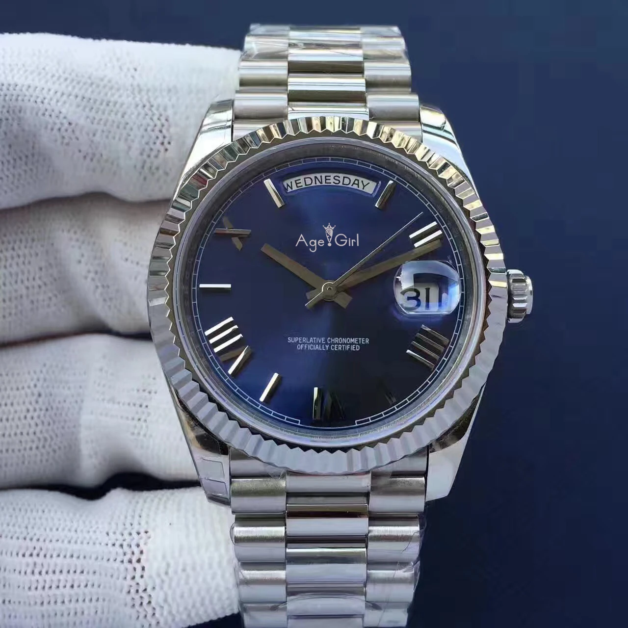 

Luxury Brand New Mens Daydate Gold Silver Black Blue Watch Automatic Mechanical Stainless Steel Sapphire Watches White Rome Dial