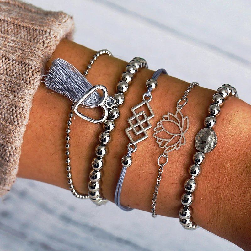 

5 pieces / set of bohemian alloy bracelet set silver multicolored fringed openwork flower bracelet anklet ladies jewelry VB974