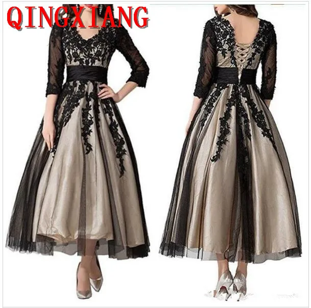

2019 Custom Made 3/4 Long Sleeve Black Lace Mother of the Bride Dress Ankle Length V Neck Champagne Lining Wedding Guest Dress