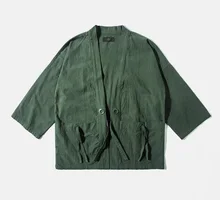 Japanischen Stil Männer Hülse Mit Drei Vierteln Frühjahr Jacke Cotton & Leinen Streetwear Tropfen Schulter Design Kimono Jacke Armee-grün