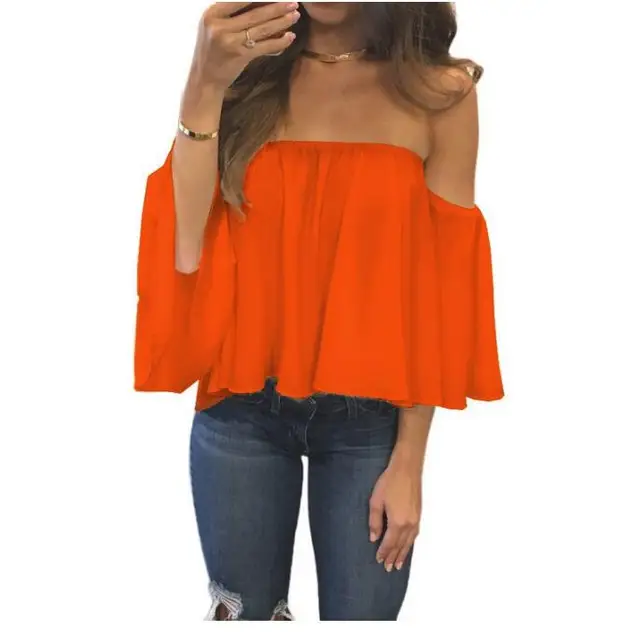 2022 Summer T-shirt Women Fashion Sexy Chiffon Off Shoulder Shirts Strapless Short Sleeve Beach Tops Tee Feminine Plus Size 5XL Orange