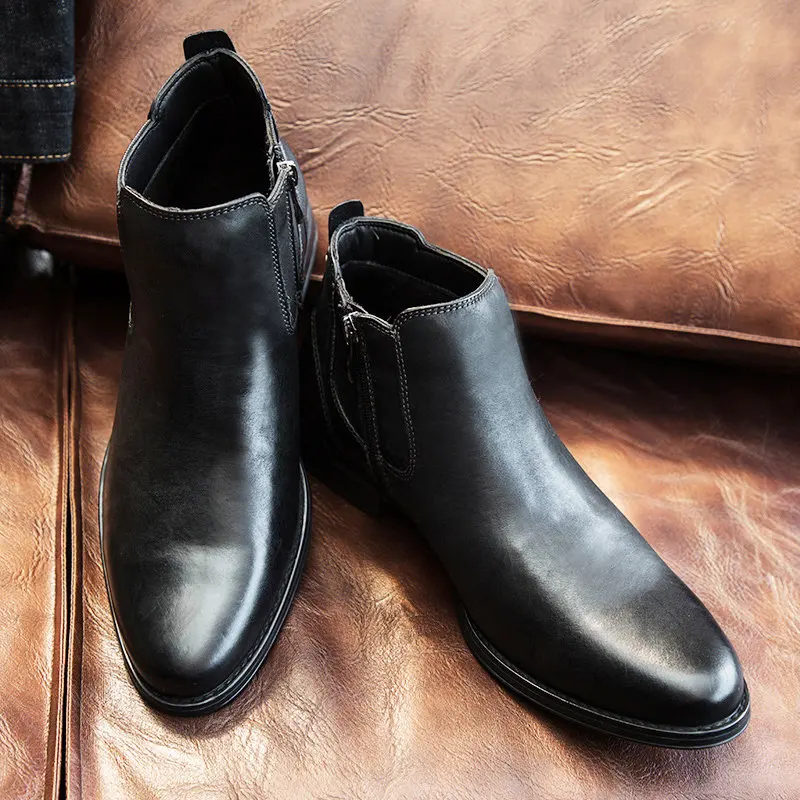 Мужские Ботинки «челси» с острым носком из натуральной кожи, мужской Ботильоны без застежки Бизнес мужские туфли-оксфорды; Осенне-зимние повседневная обувь - Цвет: Black