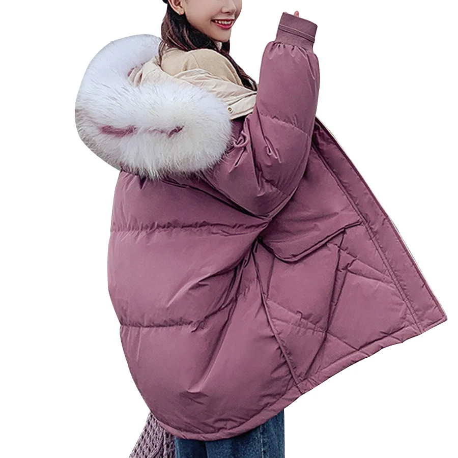 Candy colors winter coat women fashion large fur collar hooded thick warm jacket women Medium long parka outwear plus size