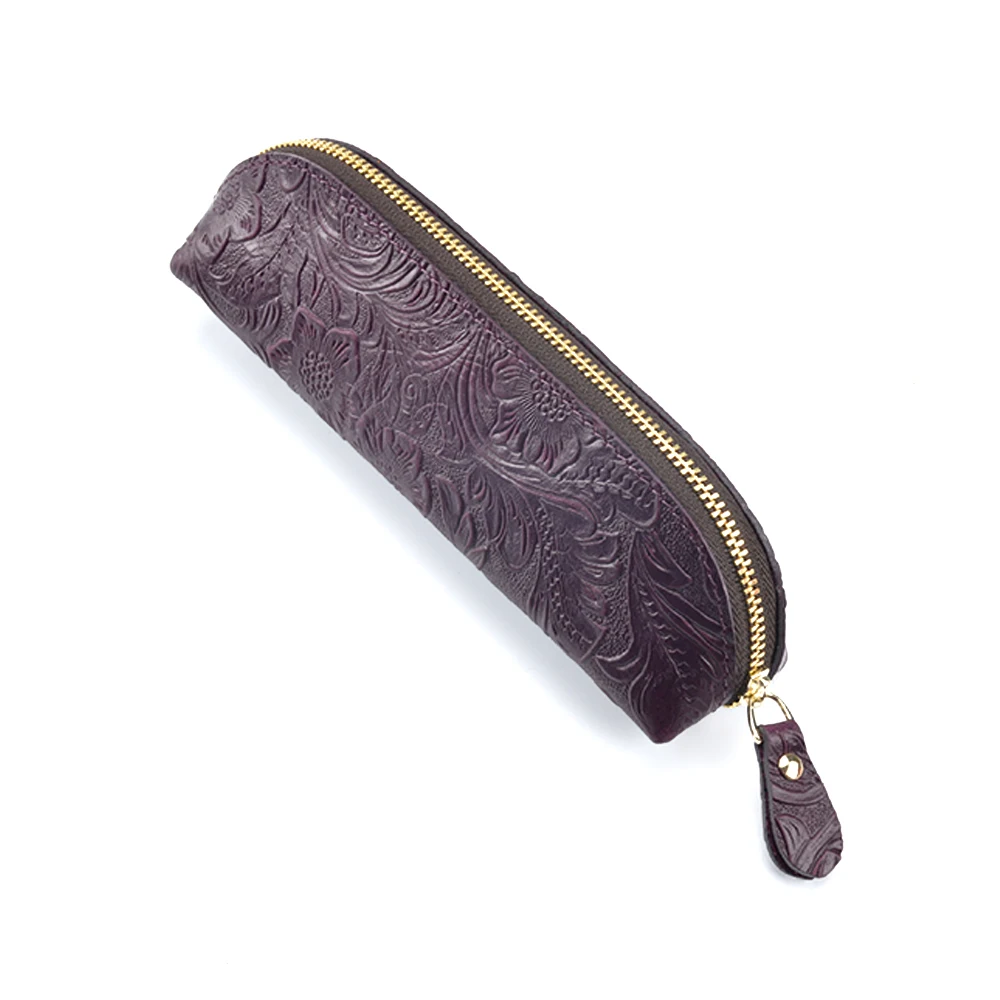 Moterm Handmade Genuine Leather Zipper Pen Pencil Bag Vintage Retro Style Creative School Stationary Accessories Free shipping - Цвет: C Purple