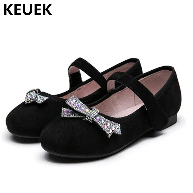 

New Spring Single Shoes Children Butterfly-knot Rhinestone Princess Girls Party Dance Black Student Leather Shoes Kids 041