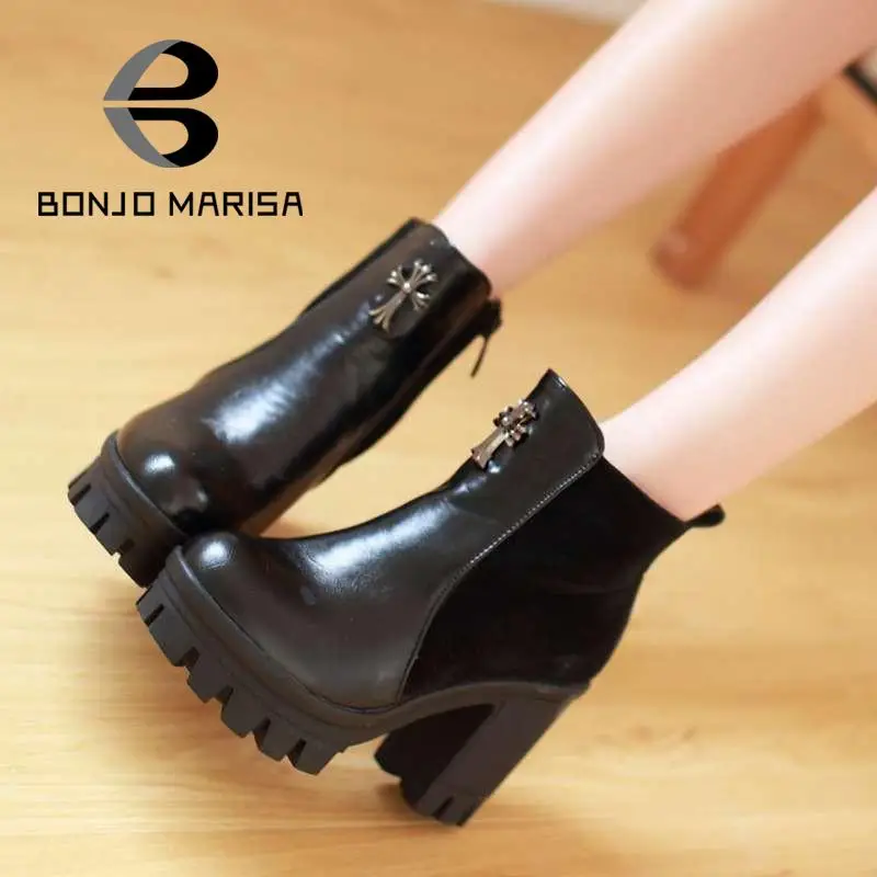 

Fashion Charm Ankle Boots Square High Heels Retro Style Spring Autumn Shoes Solid Round Toe Platform Shoes Short Boots