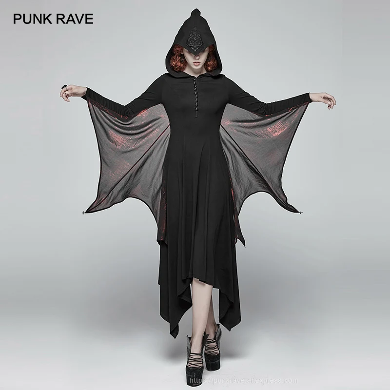 

PUNK RAVE New Gothic Bat Wing Women's Black Full Sleeve Long Dress Party Cospaly Queen's Ankle-Length Performance Dress Clothing