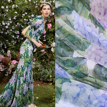 

130CM Wide 8MM Big Floral Green Silk Chiffon Fabric for Summer Dress Shirt Clothes E414