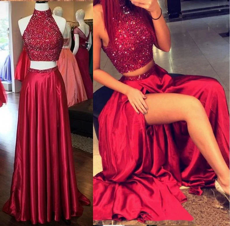 Setwell 2019 Two Pieces High Neck Sheath Evening Dress Sleeveless Top Fully Beaded Floor Length Prom Party Gown With Split | Свадьбы и