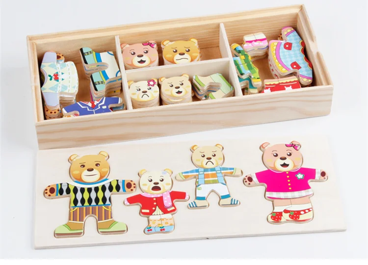 Детские игрушки кролик/медведь, семейное платье, меняющие деревянные игрушки для детей, туалетный пазл, деревянные головоломки для детей, развивающий подарок - Цвет: Bear