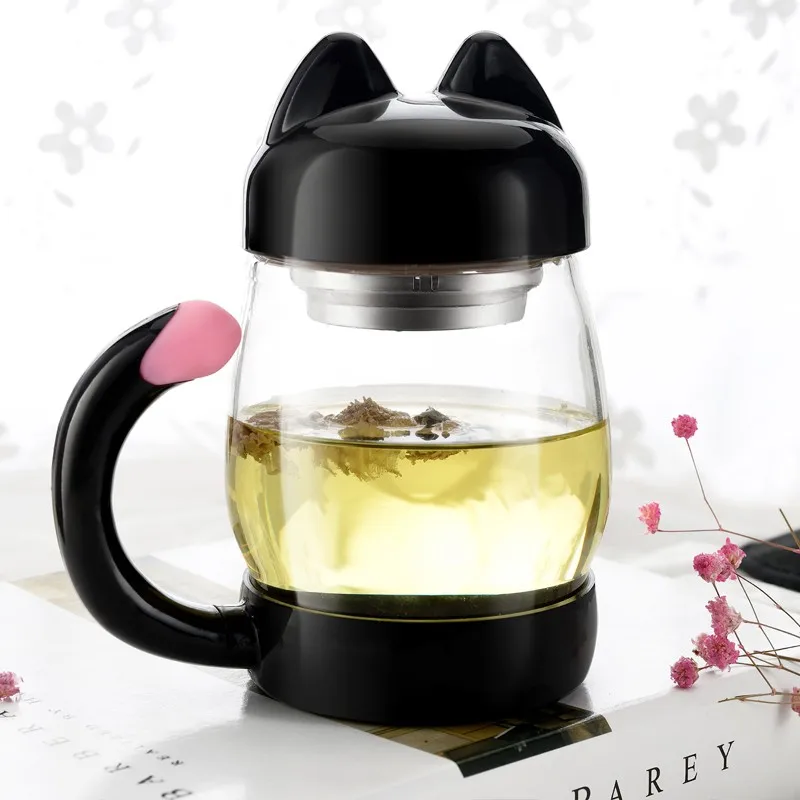 420ml Cute Cat Glass Mug With Filter Coffee Tea Drinkware Cup Outdoor Travel Wholesale Cooking Kitchen