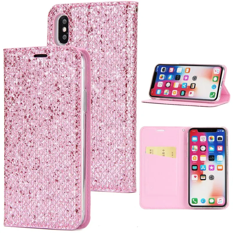 

Glitter Flip Wallet Phone Case For iPhone Xs Max 8 7 iphoneXR Card Holder Stand PU Leather Cover For iphone 6 s 6S 7 8 Plus Case