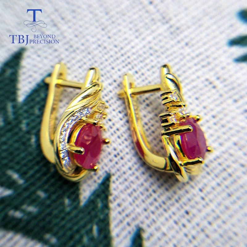 TBJ,natural ruby gemstone simple classic design earring in 925 sterling silver yellow gold color best engagement gift for women