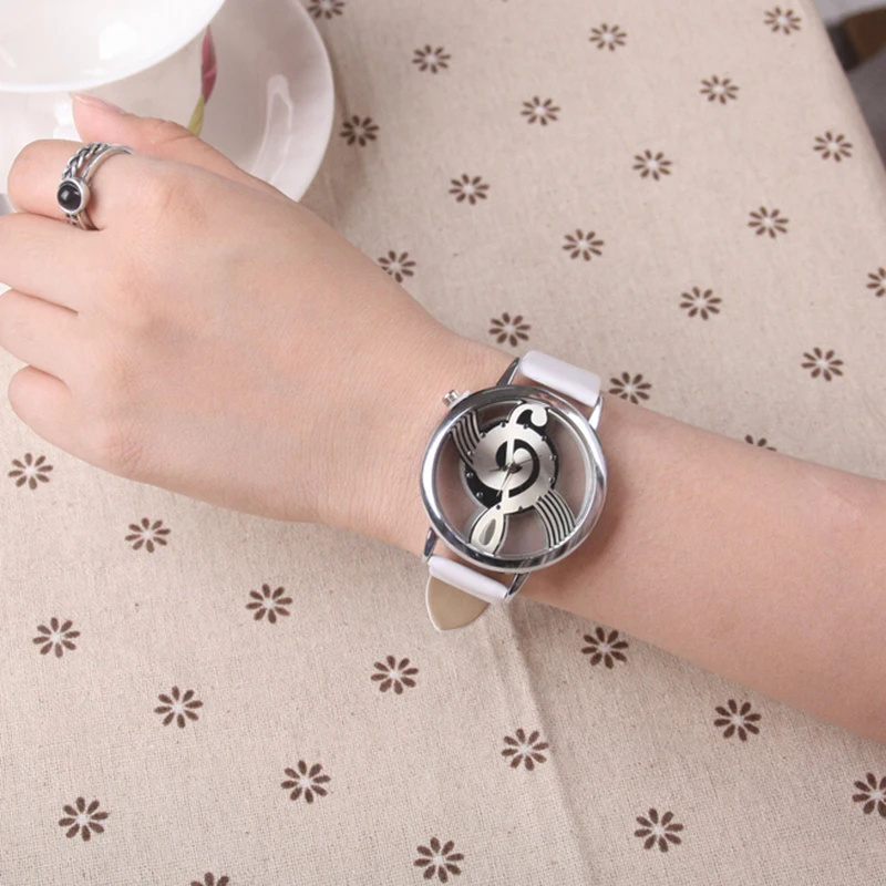 Shellhard Fashion PU Band Stainless Steel Analog Quartz Casual Watch Notation Hollow Music Men Women Wrist Watch Montre Femme