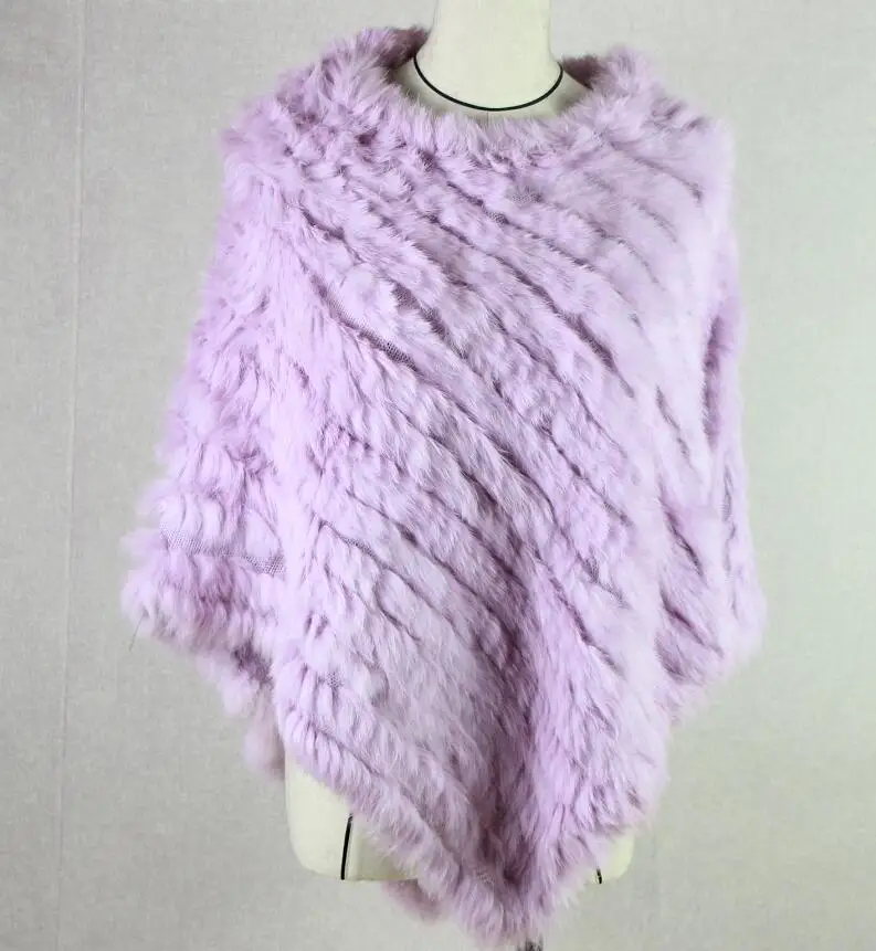 Ручная работа, вязаное женское пончо из кроличьего меха, натуральный мех кролика, Модное пончо, шаль, куртка, пальто - Цвет: light purple