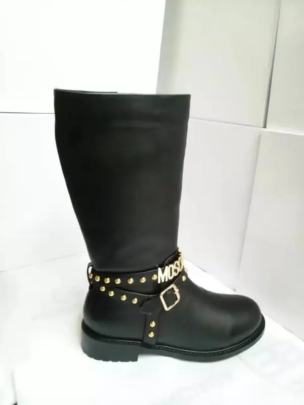 2016 Fashion Trend brand Dres Shoes Women Round Toe Flat Botas Mujer Gold Letters Rivets Embellished Motorcycle Mid-calf Boots