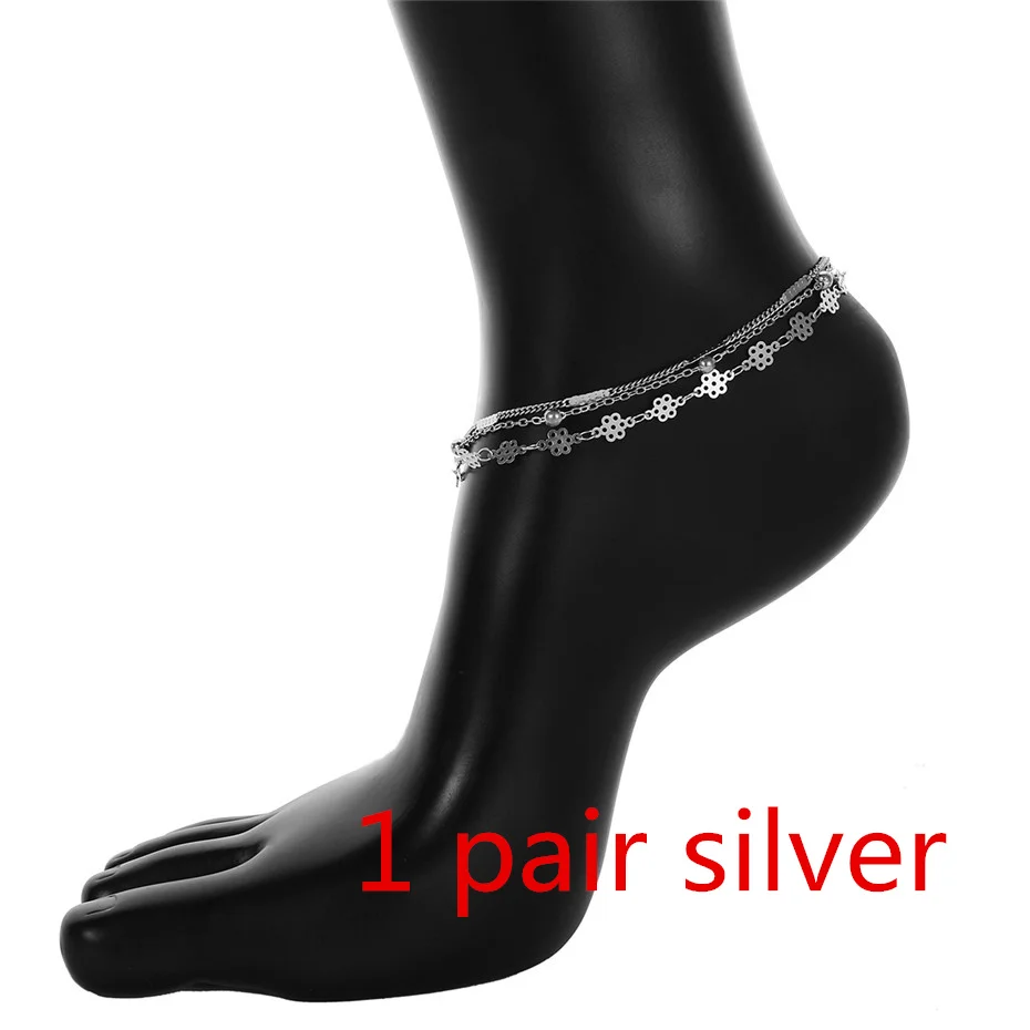 Silver pair Ingemark, сексуальный модный браслет на ногу с золотыми бусинами, новинка, многослойный сплав, цветы, руны, бохо, Пляжное бикини, ювелирное изделие, женские ножные браслеты - Окраска металла: Silver pair