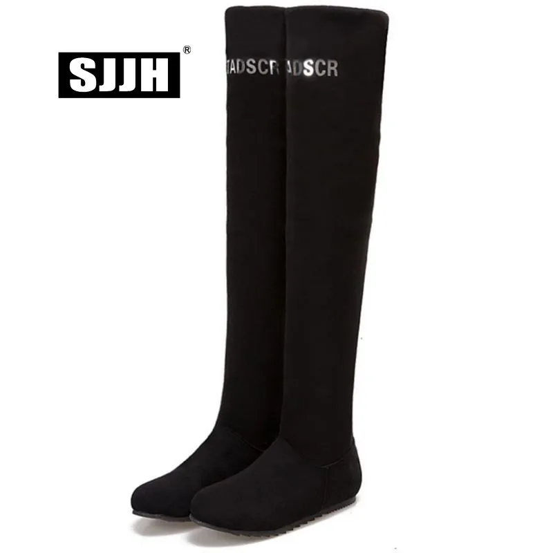 

SJJH 2018 Women Flat Long Riding Boots with Round Toe Flock Bling Over-the-Knee Boots Black Fashion Casual Shoes Large Size Q410
