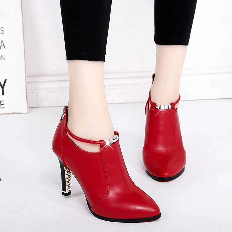 

ZHENZHOU Women's shoes High heel 2018 Martin boots autumn new pointed female stiletto black ladies fashion boots leather shoes