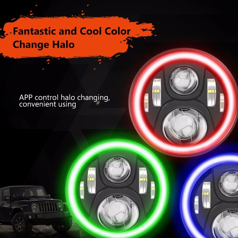 7 дюймов круглый проект светодиодный фары для автомобиля+ 4 туман лампы RGB Halo Jeep Wrangler Bluetooth телефон приложение контрольные фары