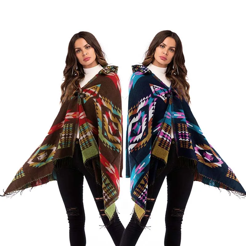 

Spring Fashion Hooded Plaid Ethnic Cape Geometric Patterned Tassel Women Swing Tassel Wrap Casual Basic Long Cloak Ladies