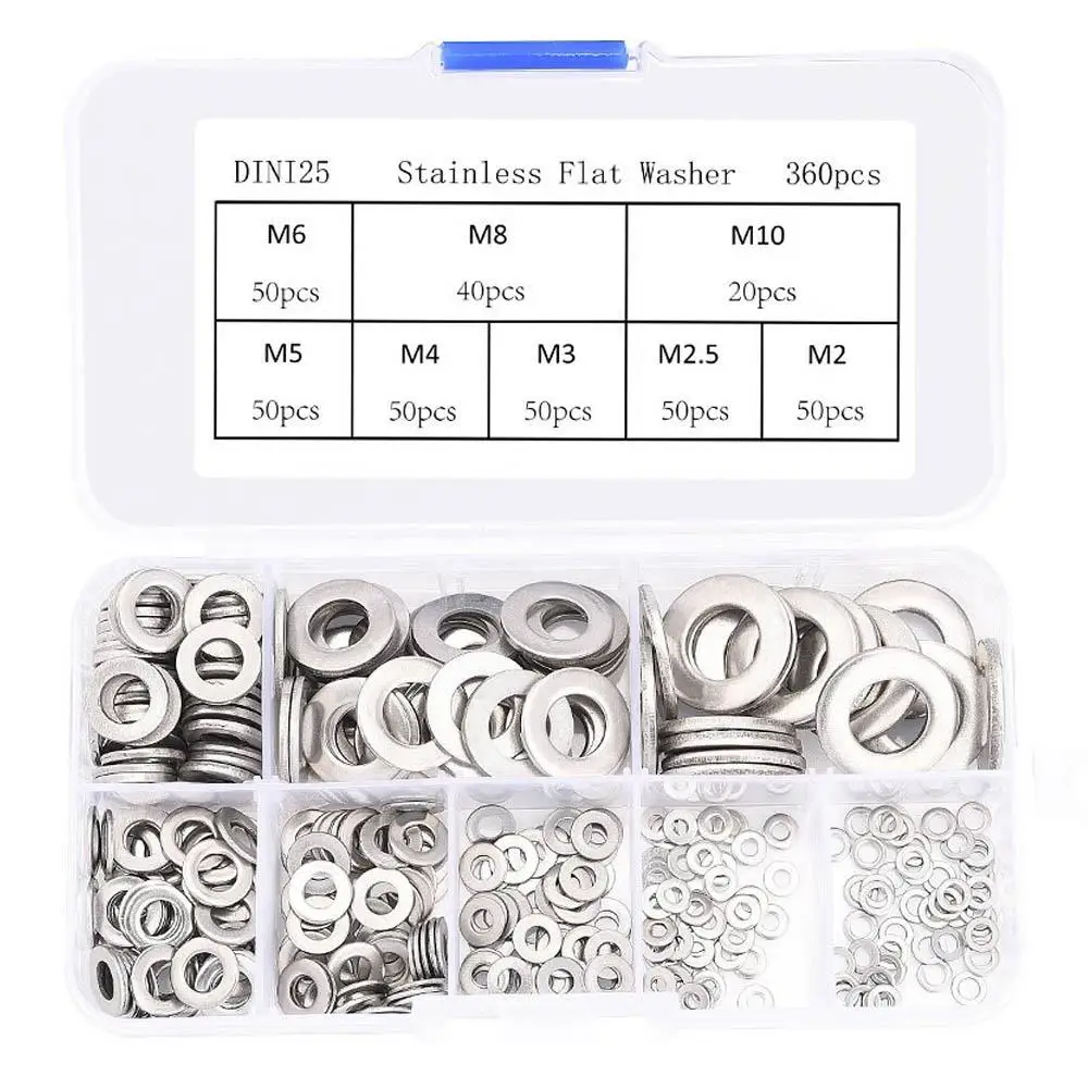 

Hot 360Pcs Stainless steel Flat Washers Sealing Ring Washers Assortment Set 8 Sizes in a storage Box