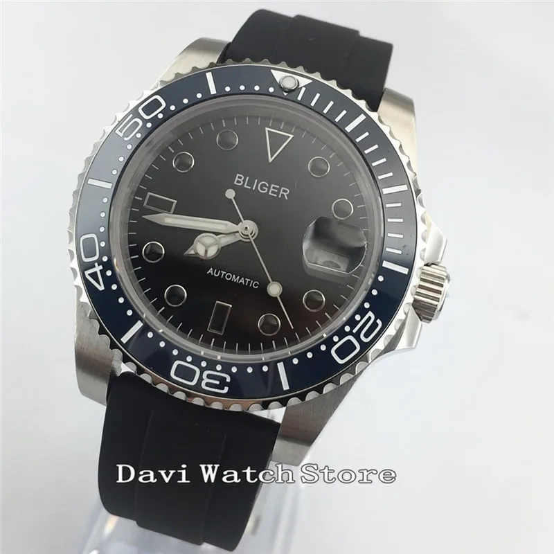 

40mm New Men Watch Black Dial/Strap Leather Band cermaic bezel Automatic Wristwatch W2882