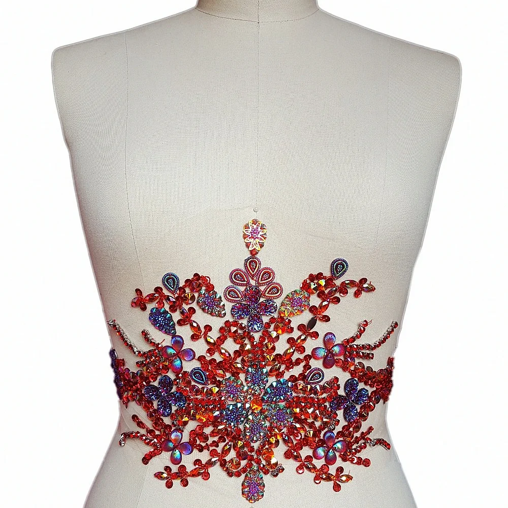 

GORGEOUS 22x35cm Hand Beaded Sew on Red Rhinestones Appliques Patches Waist Applique Crafts Belt for Wedding Dress Decorations