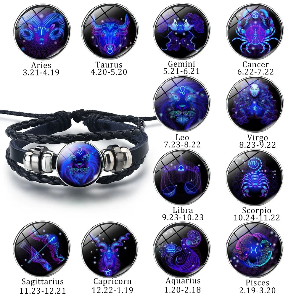 

12 Constellation Gemini Cancer Leo Virgo Libra Scorpio Black Leather Bracelet Zodiac Glass Cabochon Bracelet for Men Women 2019