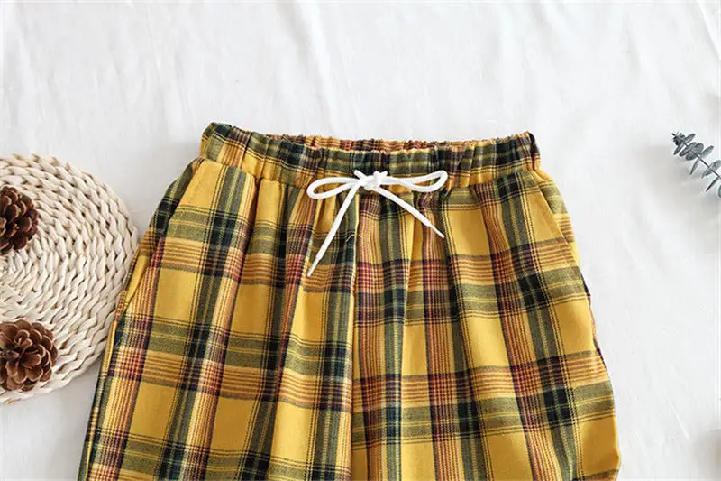 Neploe, японские летние штаны, желтые клетчатые полосатые женские повседневные брюки, высокая талия, галстук, длина по щиколотку, широкие брюки, 38058