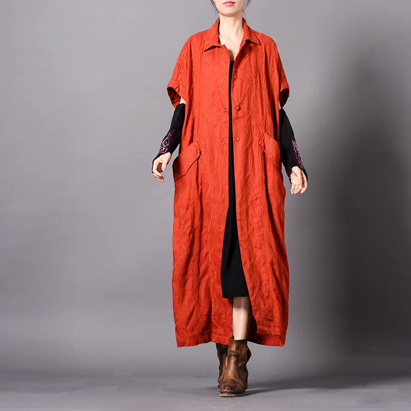

trench coat for women embroidery long loose plus size cotton and linen overcoat casual with big pocket short sleeves solid color
