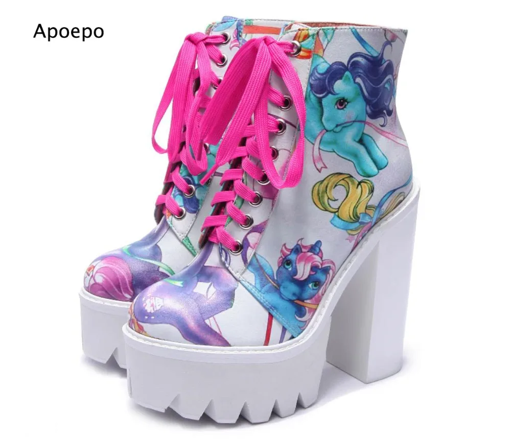 Apoepo 2018 Newest Printed Leather Riding Boots Round Toe Platform Ankle Boots For Woman Lace-up Thick Heels Boots 