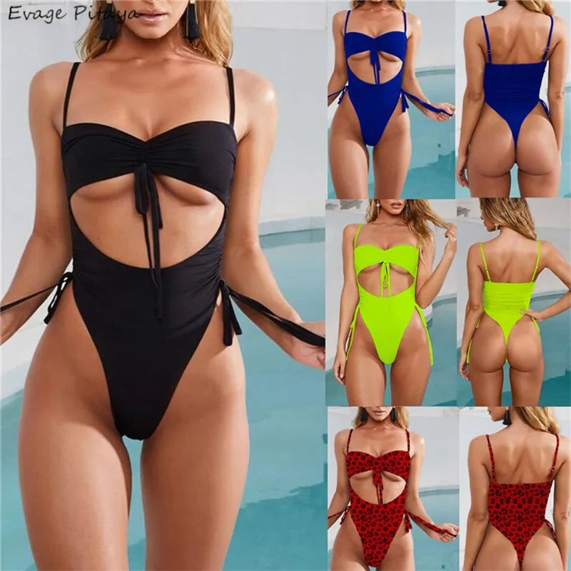 Evage pitaya 2019 swimwear women one piece maillot de bain hollow out Drawstring Tie front Bandage high leg push up | Спорт и