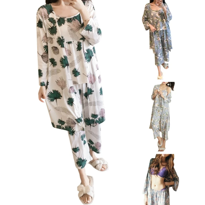 Для женщин Весна Цветочный принт комплект из 3 предметов пижамный комплект пижамы кардиган платье на бретельках костюм