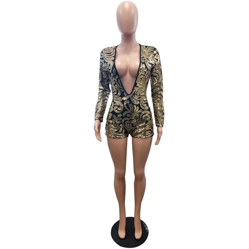 Beyprern блеск QUEEN GLAM ROMPER(черный/золотой) сексуальный глубокий v-образный вырез Блестки Короткие Комбинезоны Костюмы Ночные комбинезоны - Цвет: Многоцветный