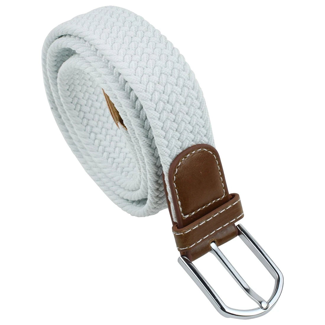 Unisex Braided Elastic Stretch Rubber String Belt (White,Brown Head)in