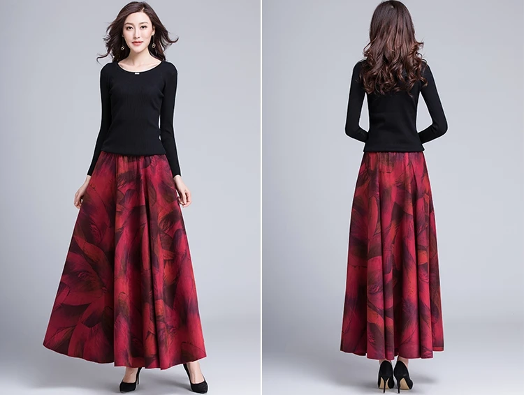 Высококачественная шерстяная длинная юбка осень зима Женская юбка винтажная ретро с цветочным принтом Высокая талия А-силуэт длинная Макси юбка