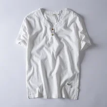 Новые летние модные брендовые мужские рубашки льняные с коротким рукавом Круглый воротник тонкий приталенный китайский стиль без воротника однотонная одежда