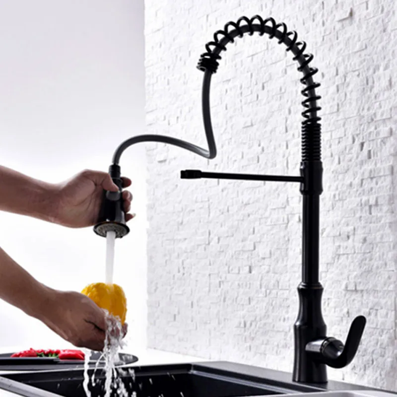 

black pull out kitchen sink faucet deck mounted single hole cold and hot mixer faucet brass 360 degree gold &chrome