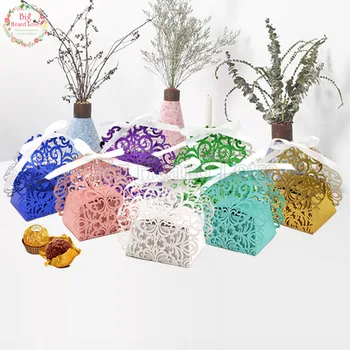 

50pcs/lot metal golden/blue laser cut candy box with ribbon wedding party candy chocolate box baby shower party decoration