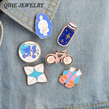 

QIHE JEWELRY 6pcs/set Enamel pins set Pink bicycle earth wish bottle sock sandal Hard enamel pins Lapel pin Accessories