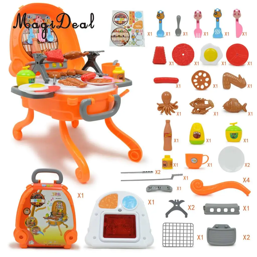 40 Pieces of Plastic BBQ Grill Game Pretend Play Toy Playset with Sound and Light, Kids Early Developmental Toy Birthday Gift