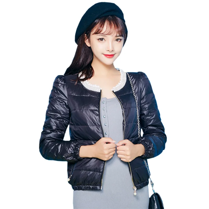 

2018 Spring Down Coat Women Pearl Lace Collar Short Ultra Light White Duck Down Jacket Female Slim O-neck Coat Parkas RE0136