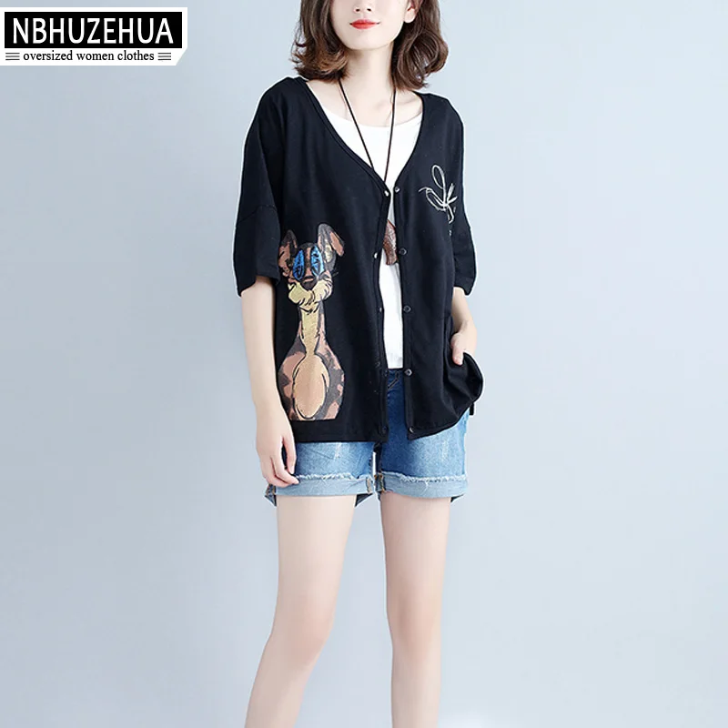 NBHUZEHUA T154 Summer Cardigan Women Blouse Cute Cartoon Solid Cotton Thin Shirt Plus Size 4XL 5XL 6XL Kimonos Black White |