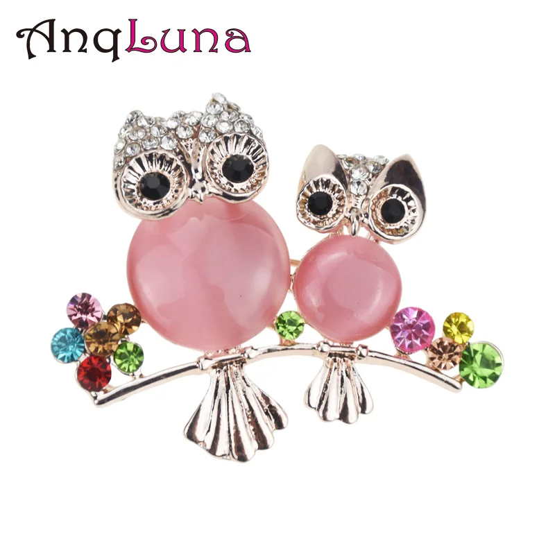 

2 Colors Imitation Cat's Eye Stone Owl Brooches For Women Rhinestone Color Crystal Brooch Pins Accessories Jewelry Wholesale