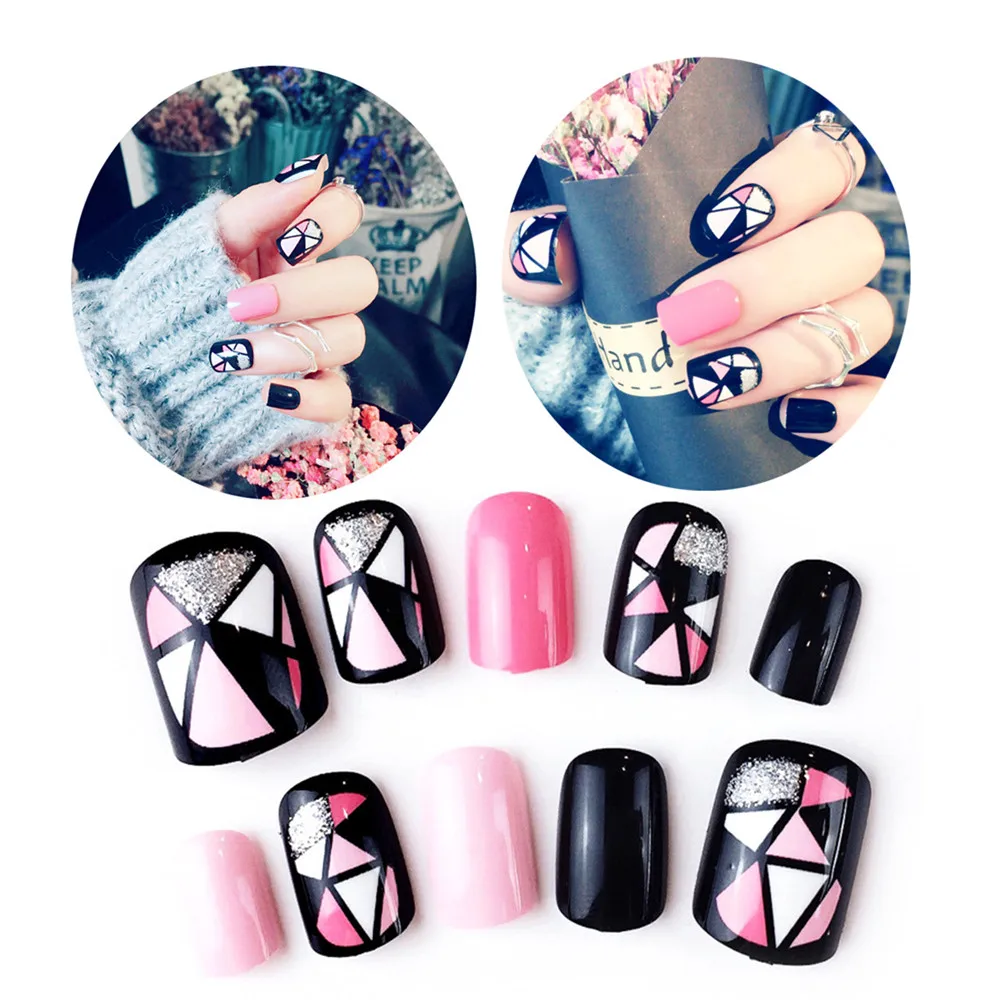 

24pcs Black Curved Sliver False Nails Pink Geometric Short Square Full Artificial Star Designs Fake Nail Tips with Glue