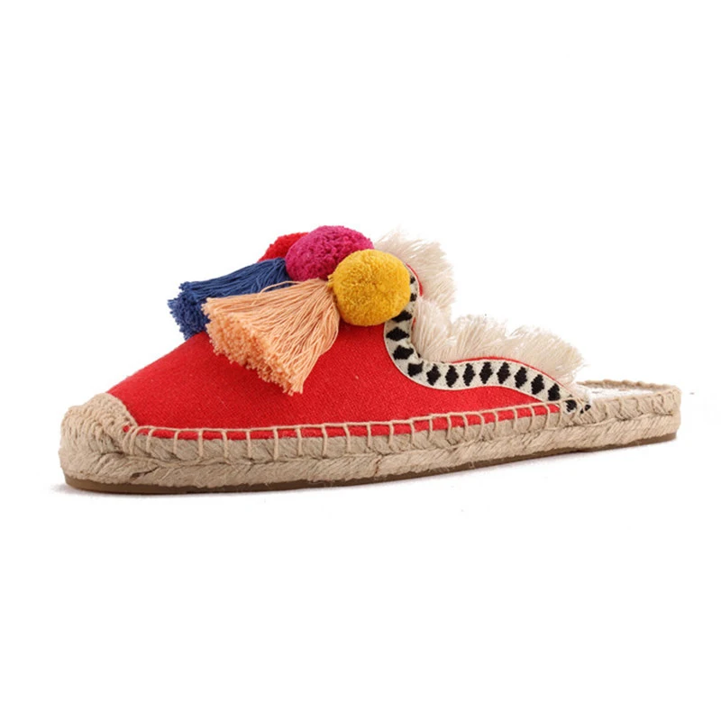 2019 Summer Autumn Fur Balls Mules Casual Shoes Woman High Quality Canvas Hemp Slippers Slip On Rope Female Flats Slides Shoes (6)