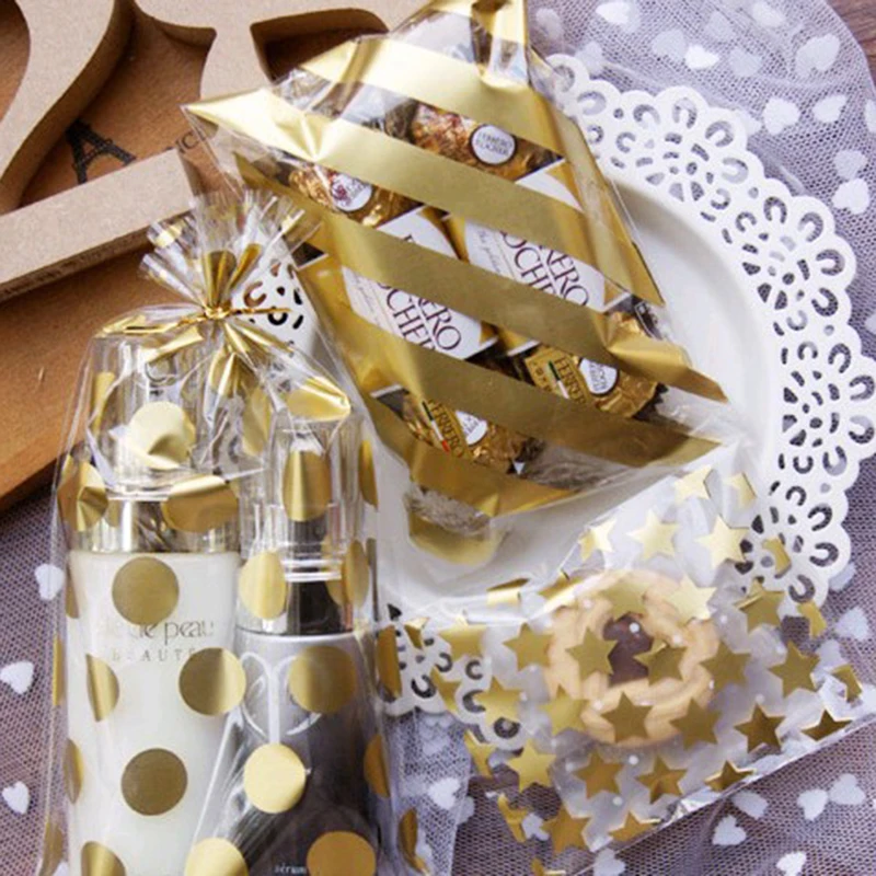 

50Pcs 8*3cm Golden Star Design Cookie&Candy Bag Self-Adhesive Plastic Bags For Biscuits Snack Baking Packaging Gift Bag