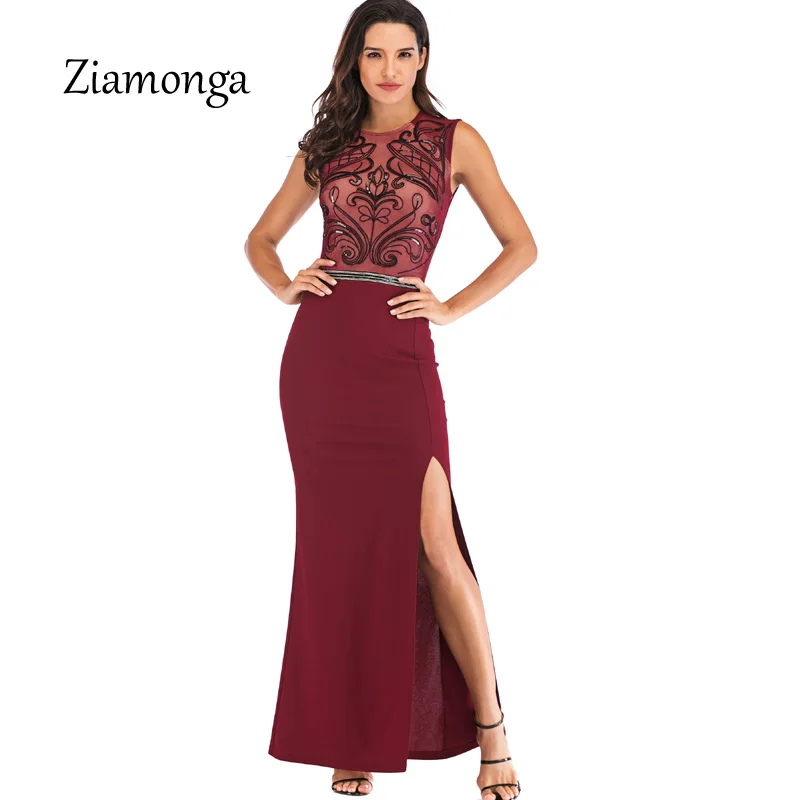 

Ziamonga 2019 Summer Bodycon Dress Women Sleeveless Long Maxi Formal Party Dresses Elegant High Split Sequin Dress Sexy Vestidos